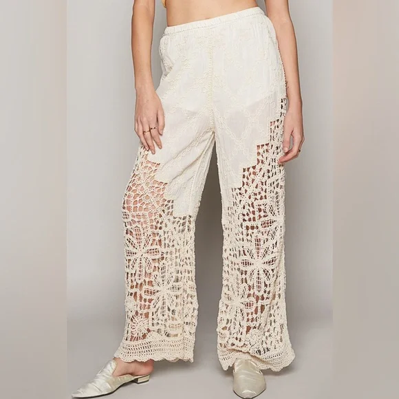 876. POL Straight Leg Pants Cream Crochet Resort Elastic Waist Band - Picture 4 of 4